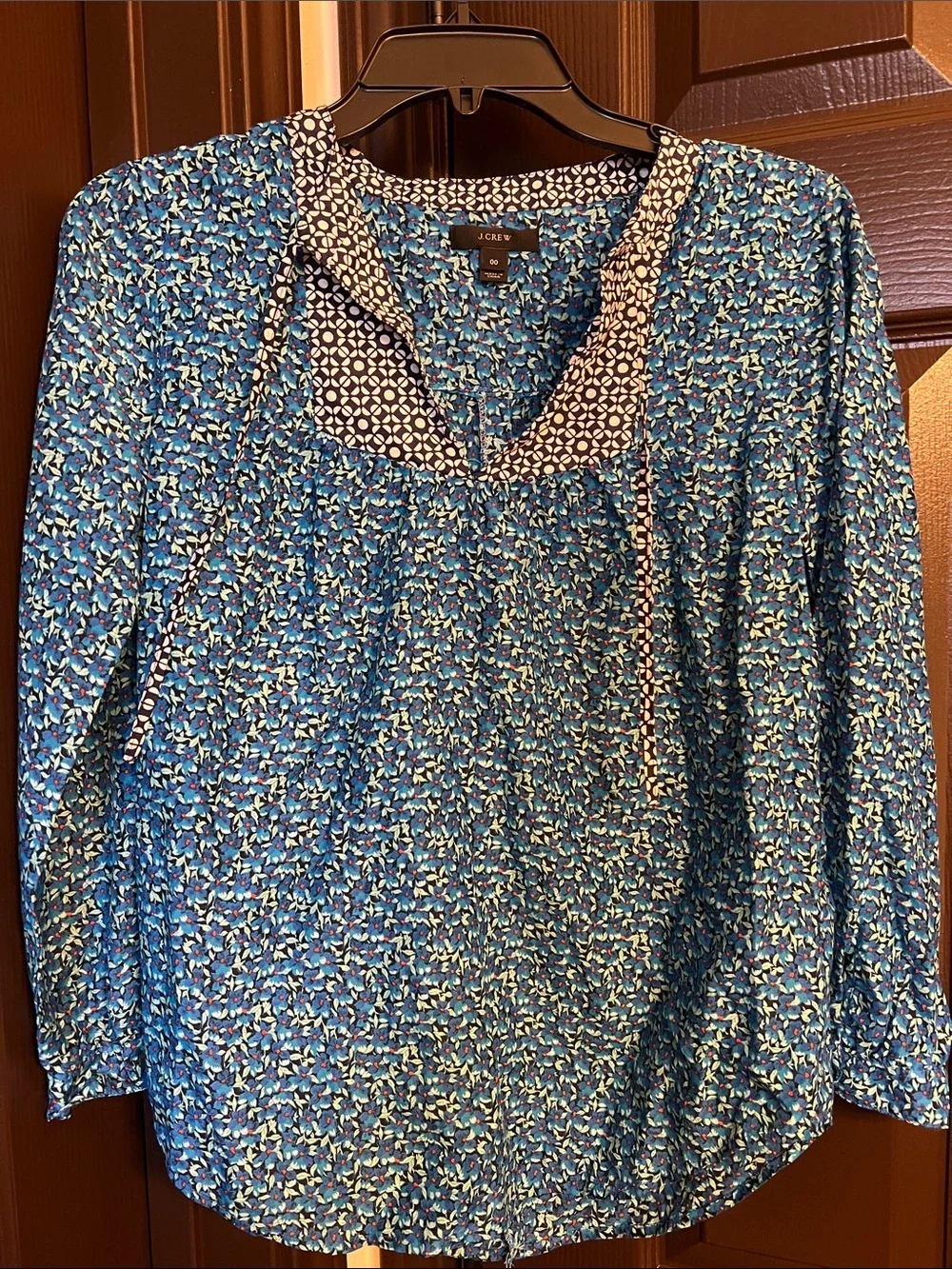 J. Crew Blue Patterned V-Neck Peasant Blouse